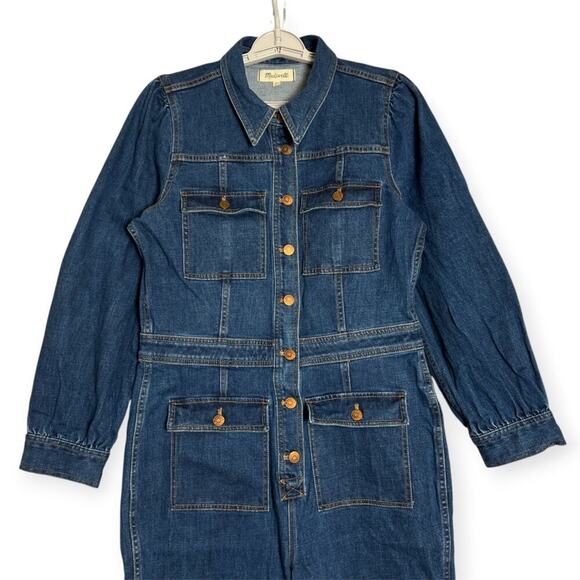 Madewell Denim Long Sleeve Jumpsuit SIZE 8 Indigo Coveralls Cropped CUTOFF HEM - Picture 10 of 15
